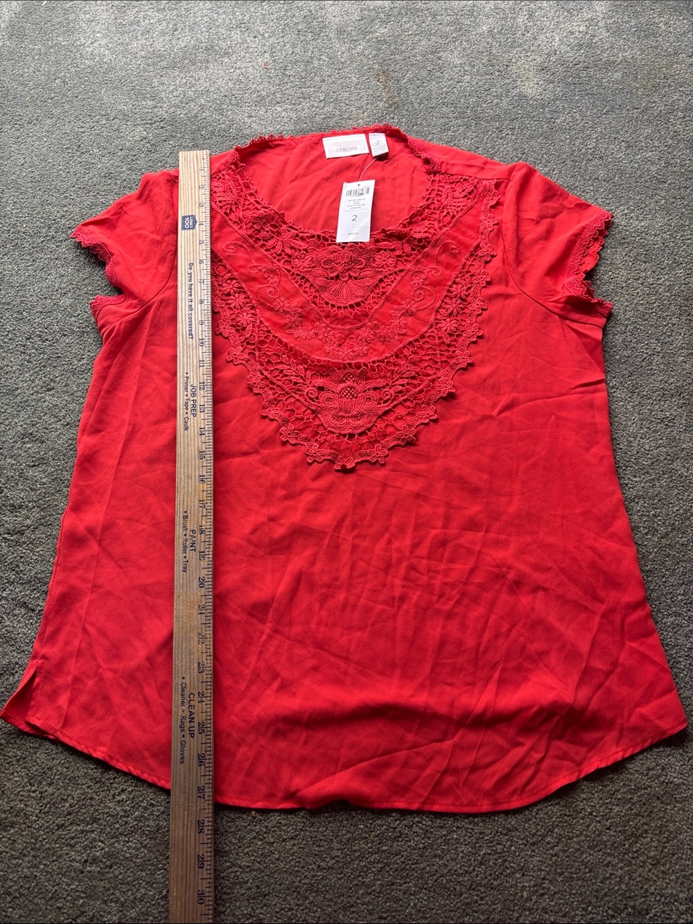 Chico's Red Short Sleeve Lace-Yoke Blousecap sleeve romantic date night career